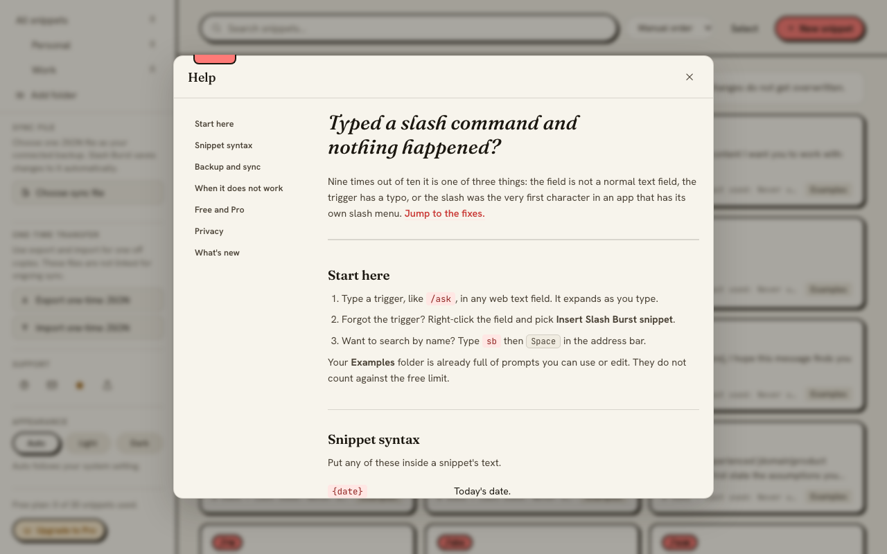 The help view explaining how slash commands work.